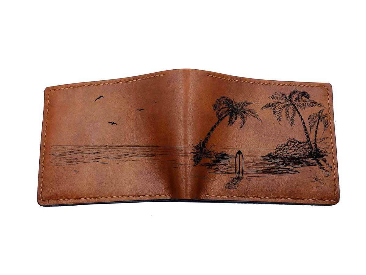 Custom Engraved Leather Wallet, Tropical Beach Scene, Gift for Him