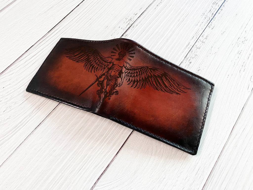 Handmade Angel Engraved Leather Wallet, Custom Vegetable-Tanned Cowhide for Dad