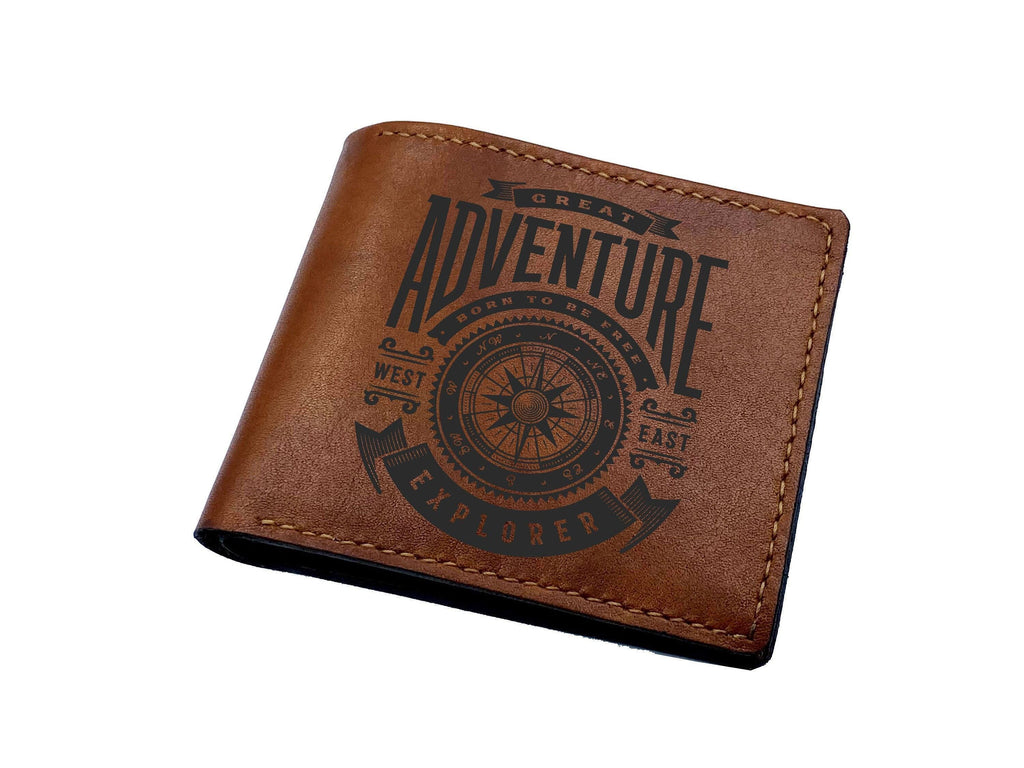 Custom Leather Bifold Wallet, Adventure Typography, Personalized Gift