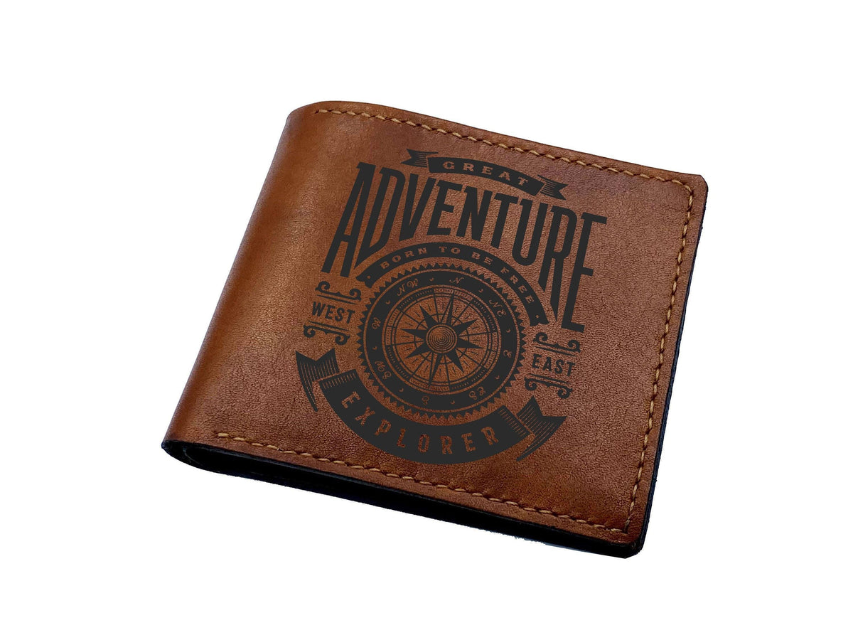 Custom Leather Bifold Wallet, Adventure Typography, Personalized Gift