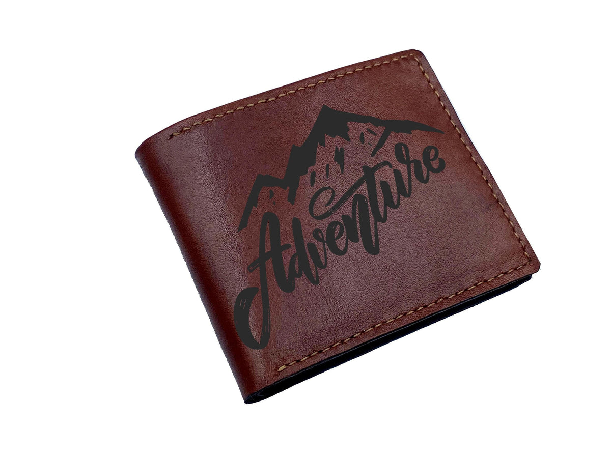 Custom Leather Bifold Wallet, Adventure Typography, Personalized Gift