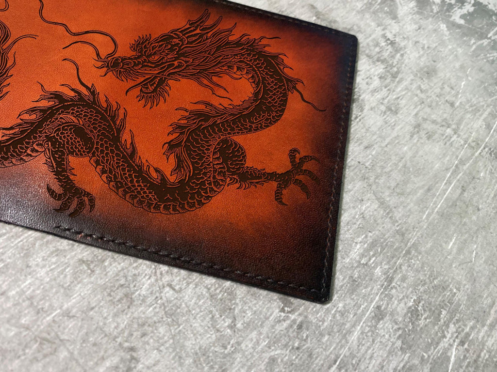 Engraved Dragon Leather Wallet: Handmade Oriental Style