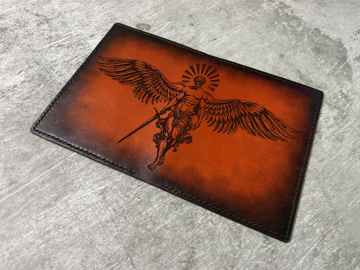 Handmade Angel Engraved Leather Wallet, Custom Vegetable-Tanned Cowhide for Dad