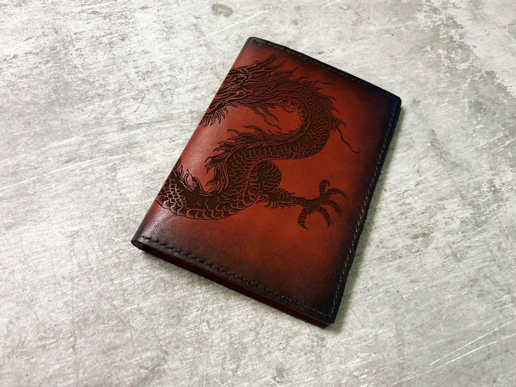 Engraved Dragon Leather Wallet: Handmade Oriental Style