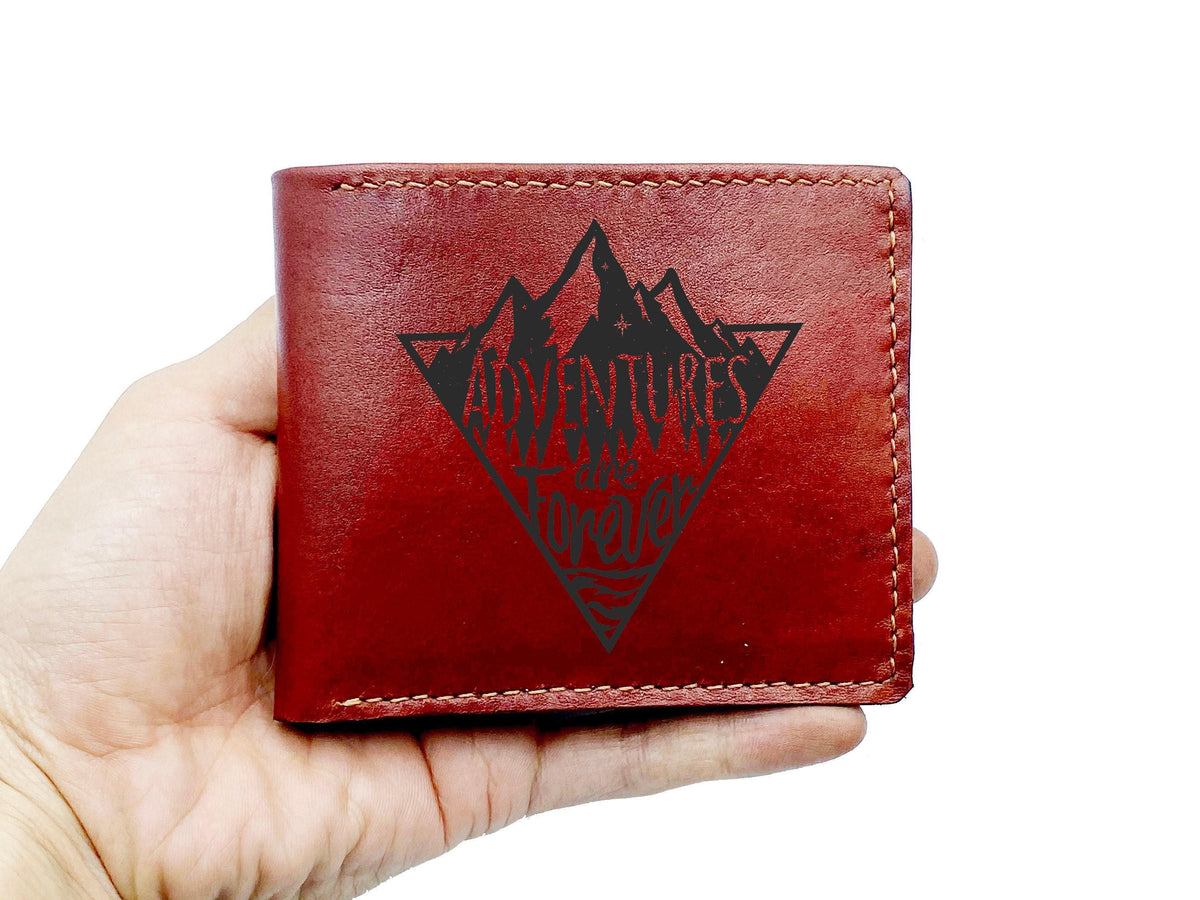 Custom Leather Bifold Wallet, Adventure Typography, Personalized Gift