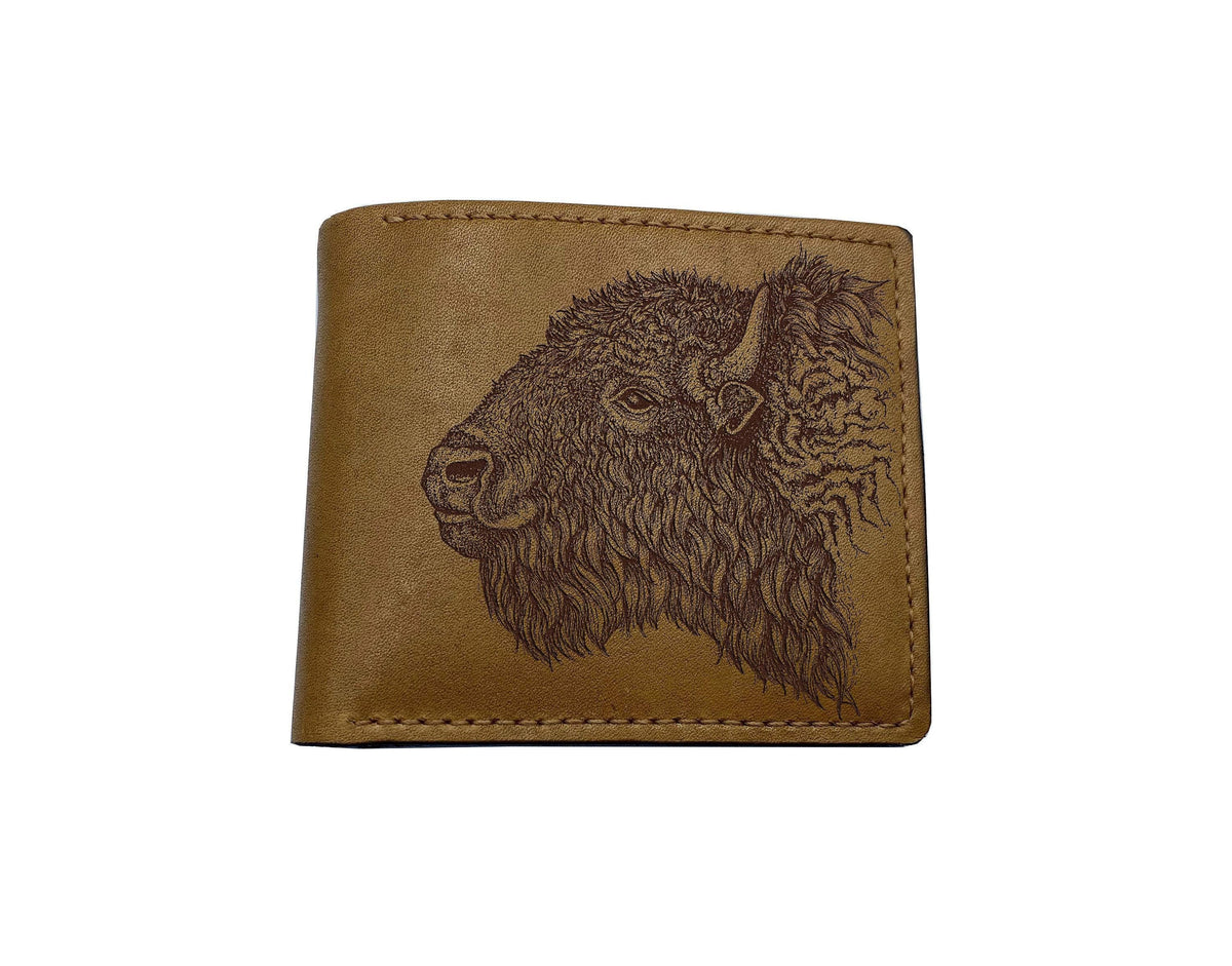American Bison Leather Wallet: Engraved Buffalo Art, Wildlife Gift