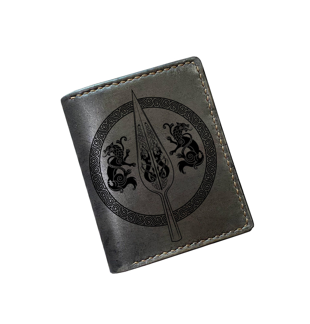 Engraved Leather Wallet, Gungnir Odin Spear, Norse Rune Symbol