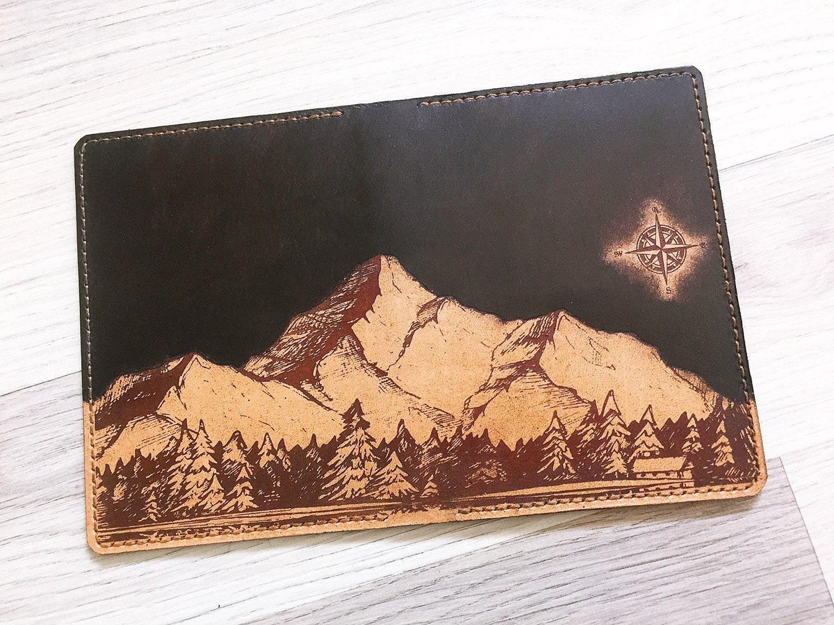 Handmade Leather Passport Wallet: Night Sky Mountain Scene, Personalized Travel Cover
