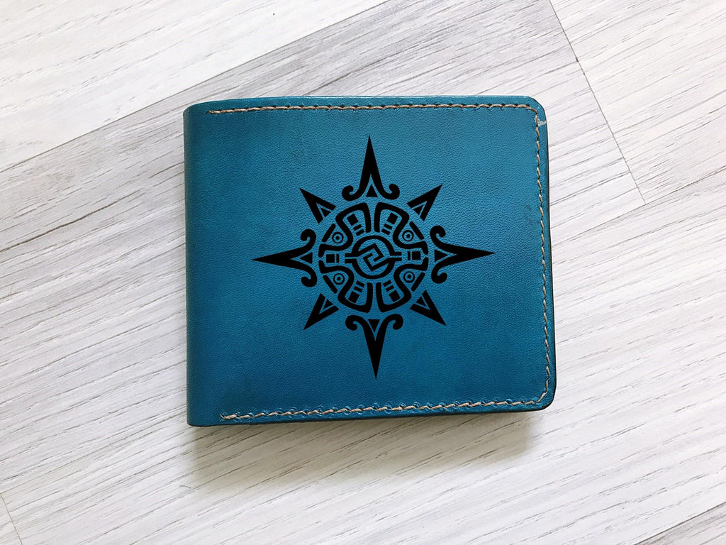 Customized Leather Wallet: Aztec Mayan Art, Handmade