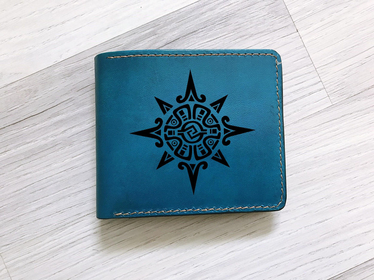 Customized Leather Wallet: Aztec Mayan Art, Handmade