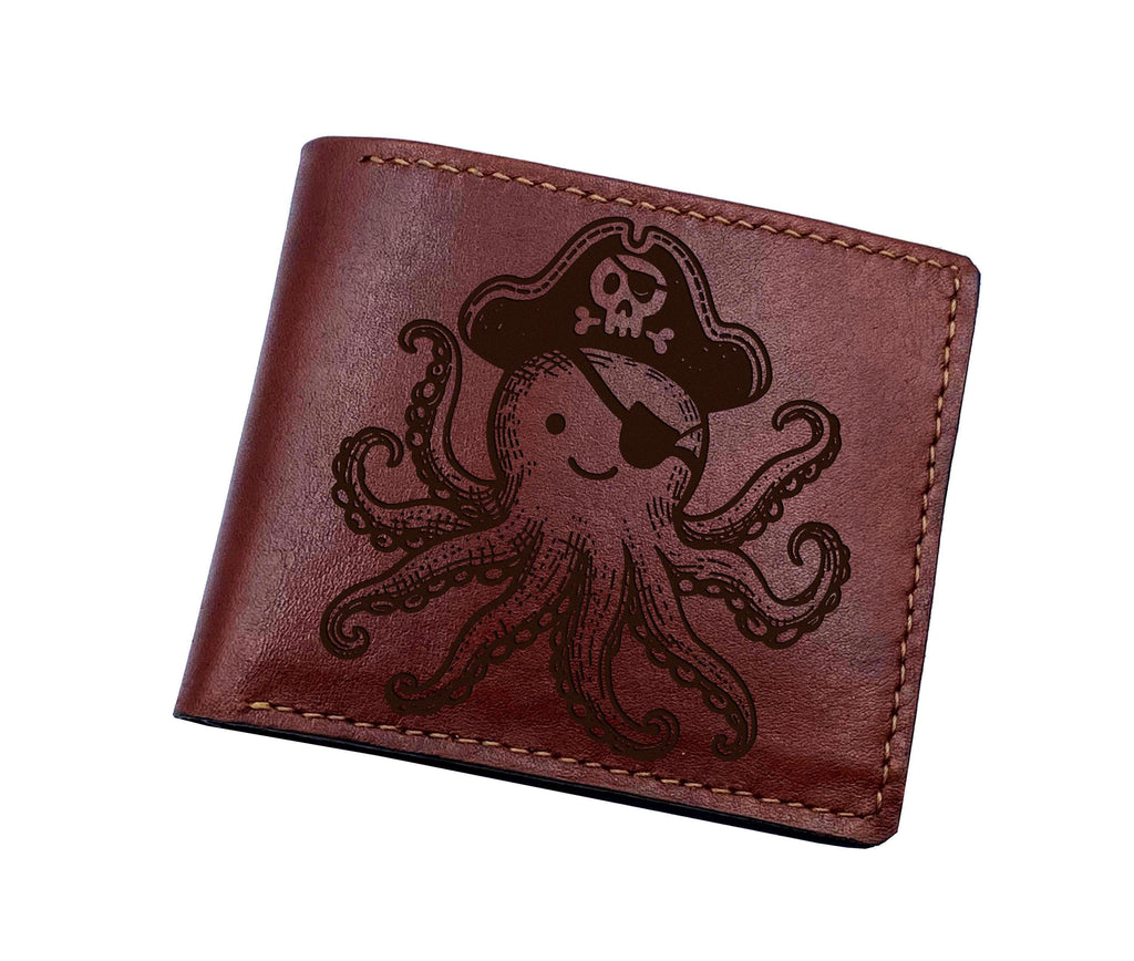 Handmade Leather Wallet: Octopus Pirate Engraved Bifold