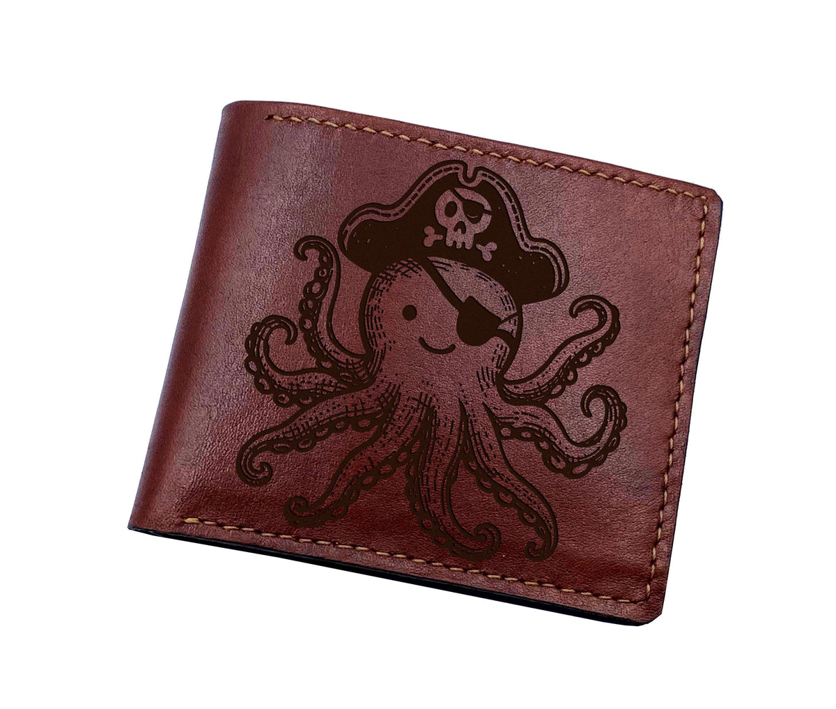 Handmade Leather Wallet: Octopus Pirate Engraved Bifold
