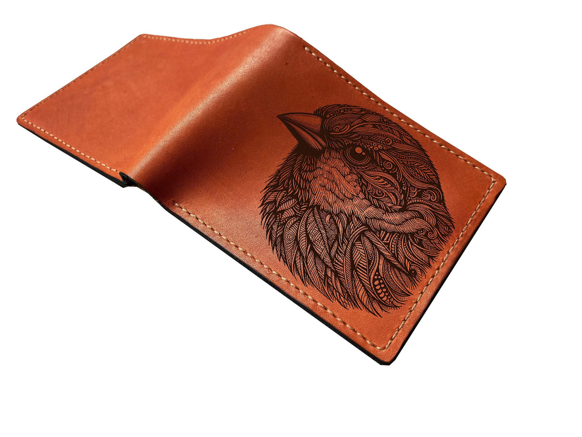 Handmade Leather Bird Art Wallet: Personalized Floral Design