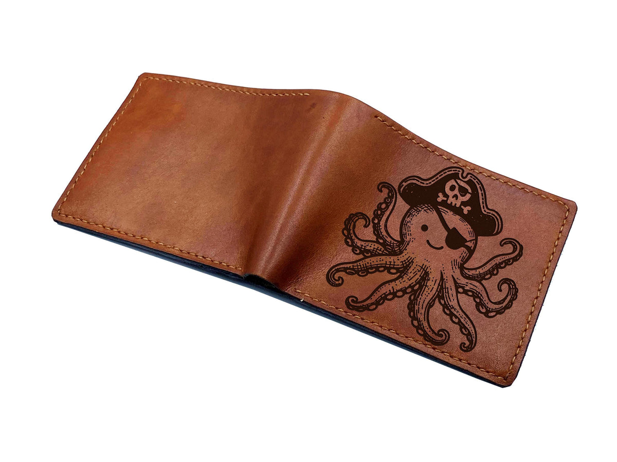 Handmade Leather Wallet: Octopus Pirate Engraved Bifold