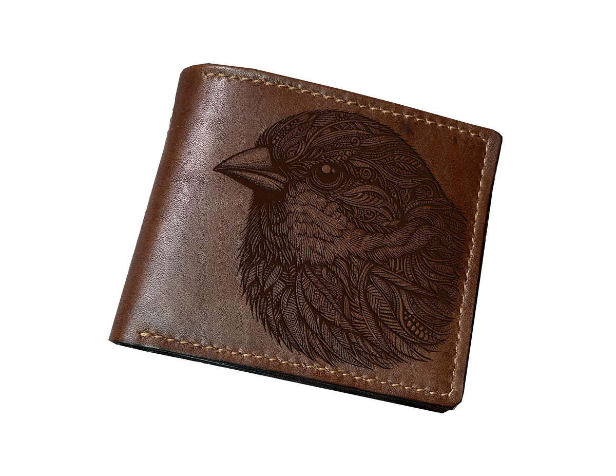 Handmade Leather Bird Art Wallet: Personalized Floral Design