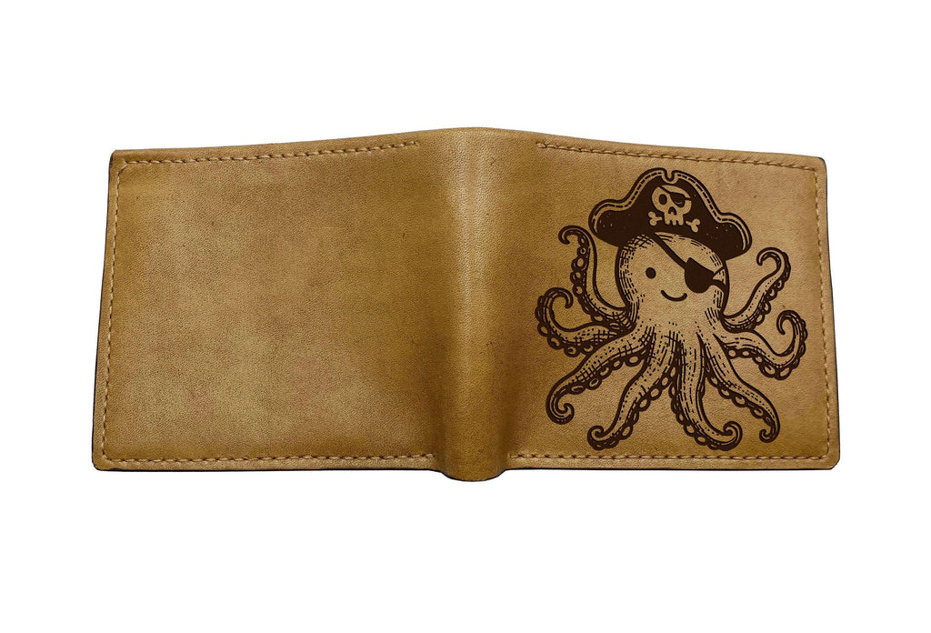 Handmade Leather Wallet: Octopus Pirate Engraved Bifold