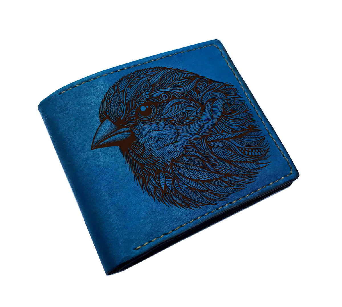 Handmade Leather Bird Art Wallet: Personalized Floral Design