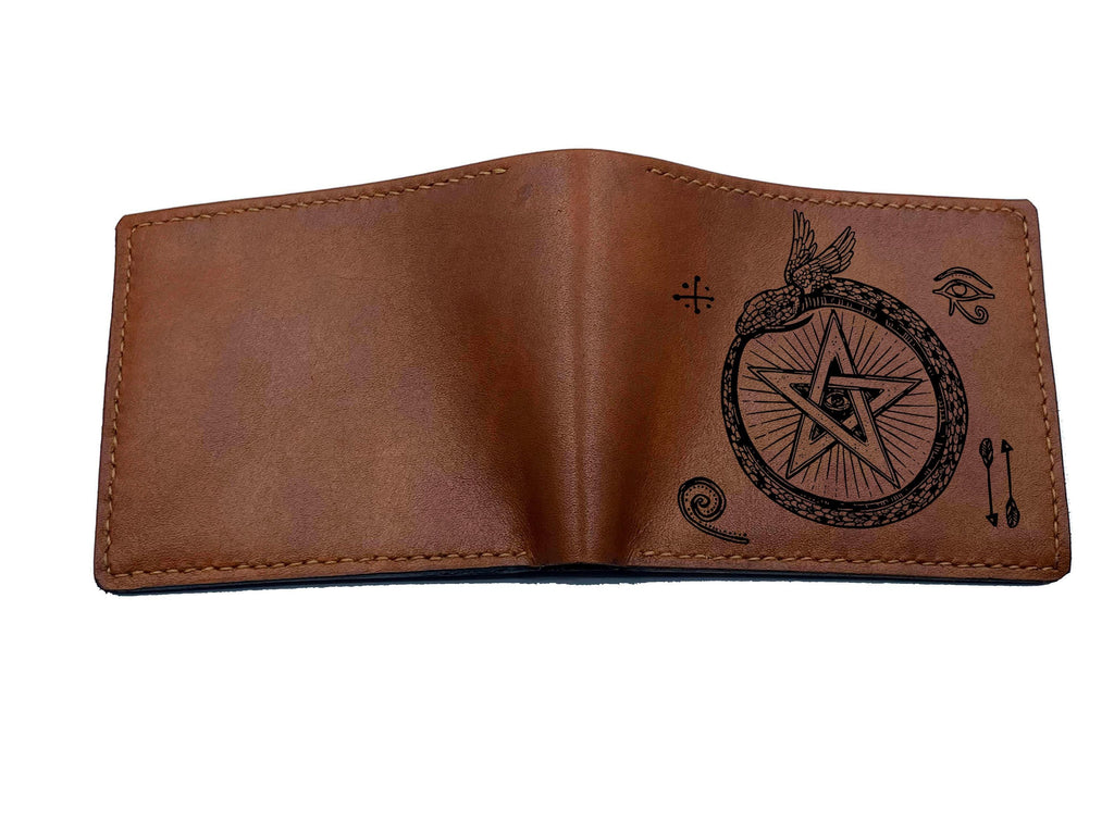 Personalized Leather Bi-Fold Wallet, Ancient Egypt Pentagram, Handmade