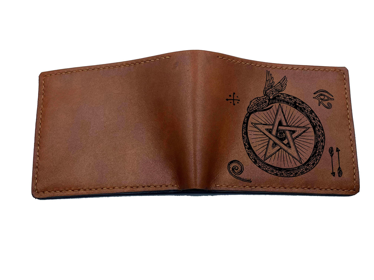 Personalized Leather Bi-Fold Wallet, Ancient Egypt Pentagram, Handmade