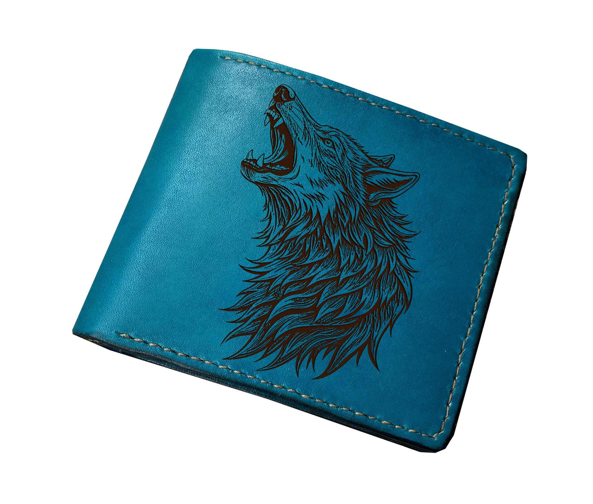 Wolf head engrave leather wallet, full grain leather gift ideas, custom name text present