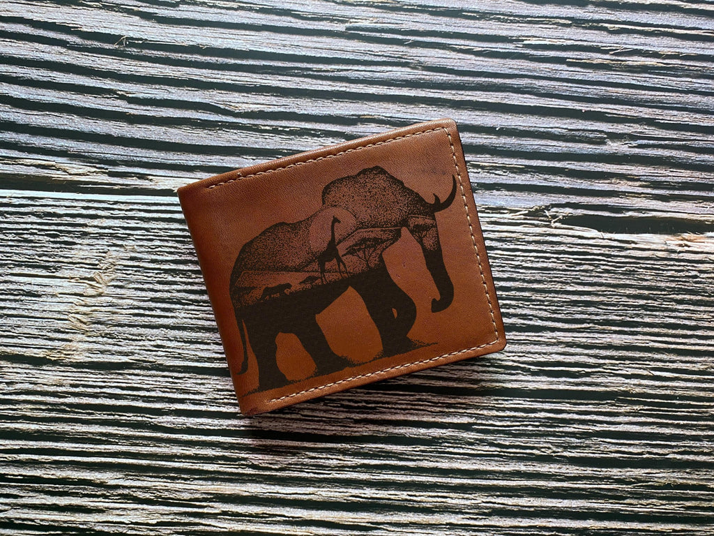 Handmade Leather Wallet for Men: Elephant Art, Safari Gift