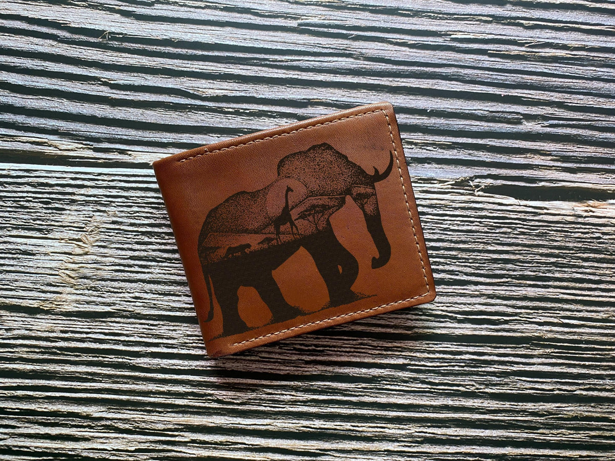 Handmade Leather Wallet for Men: Elephant Art, Safari Gift