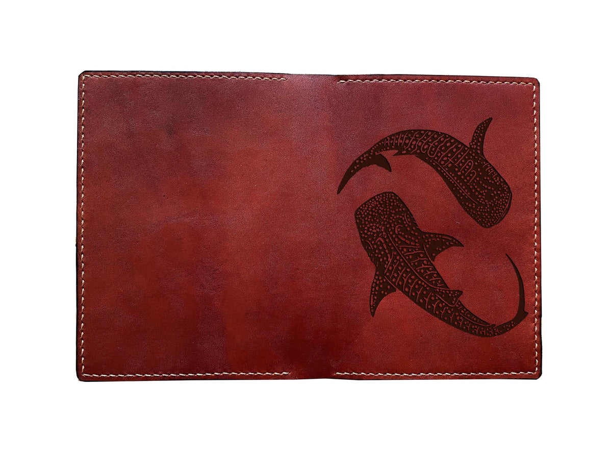 Whale shark engraving genuine leather travel wallet, ocean sea pattern custom leather gift