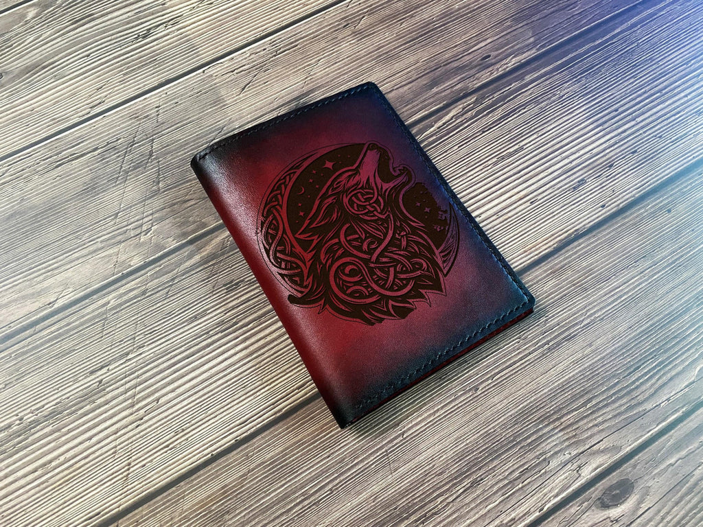 Handmade Leather Bifold Wallet: Celtic Wolf Engraving