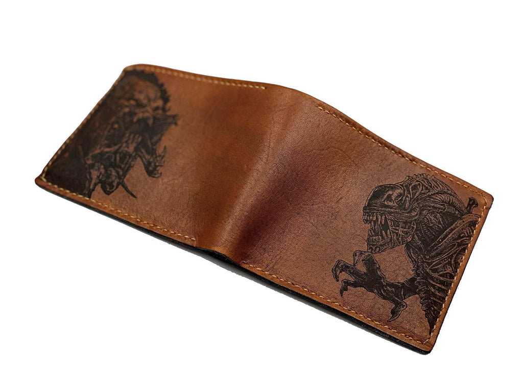 Handmade Leather Wallet, Predator vs Aliens Engraved Design