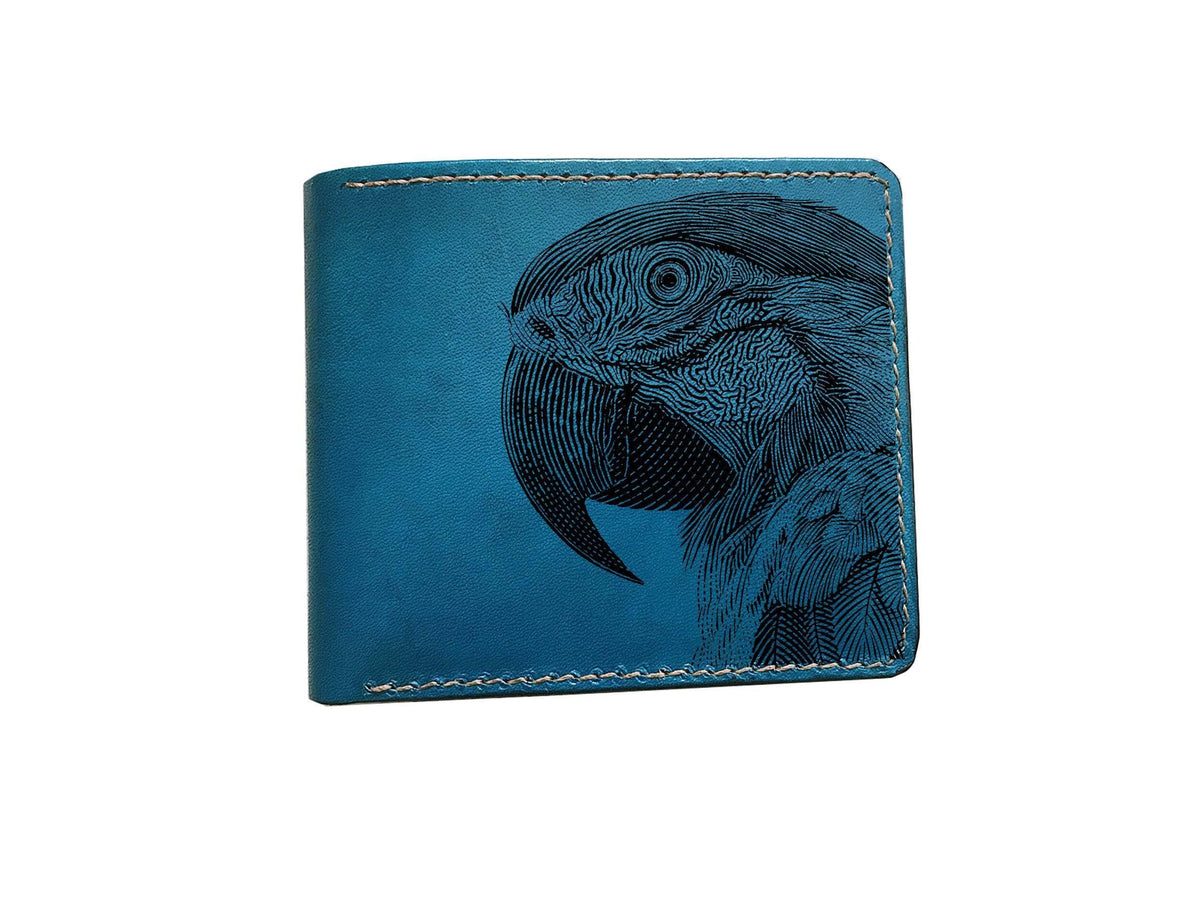 Handmade Leather Men's Wallet, Parrot Drawing Pattern, Bird Lover Gift