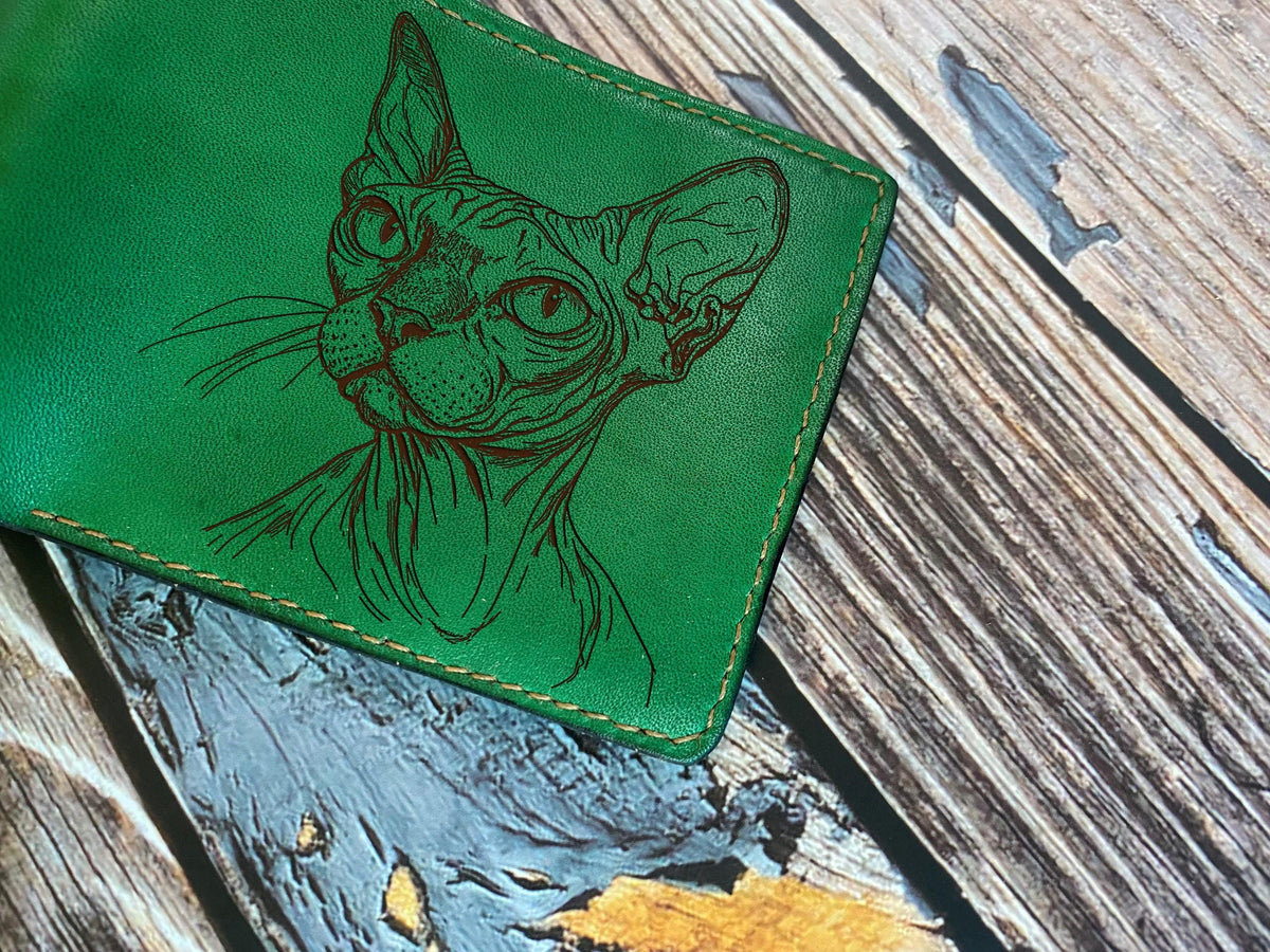 Engraved Sphynx Cat Leather Wallet, Handmade Art Sketch