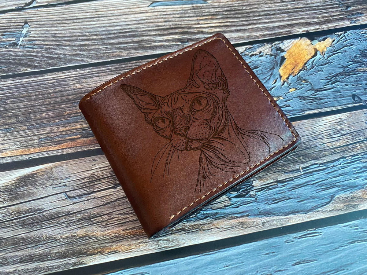 Engraved Sphynx Cat Leather Wallet, Handmade Art Sketch