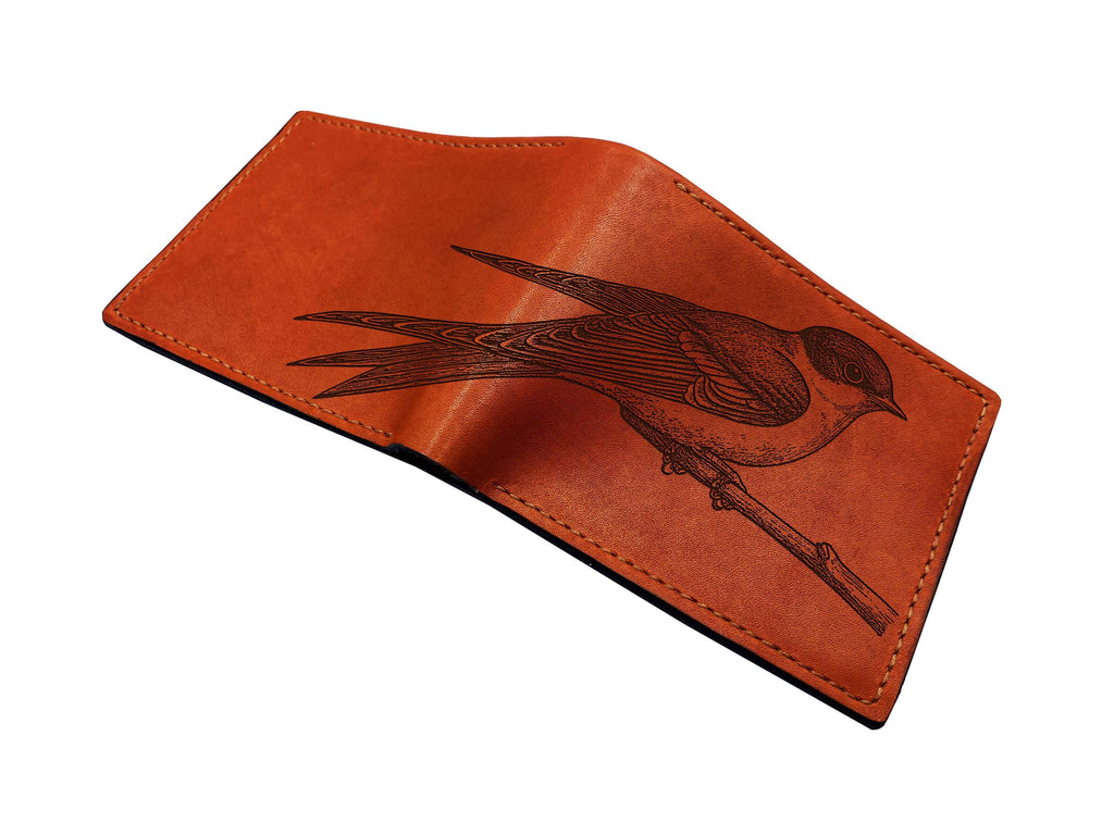 Cliff Swallow Engraved Leather Wallet, Handmade Bird Drawing Gift