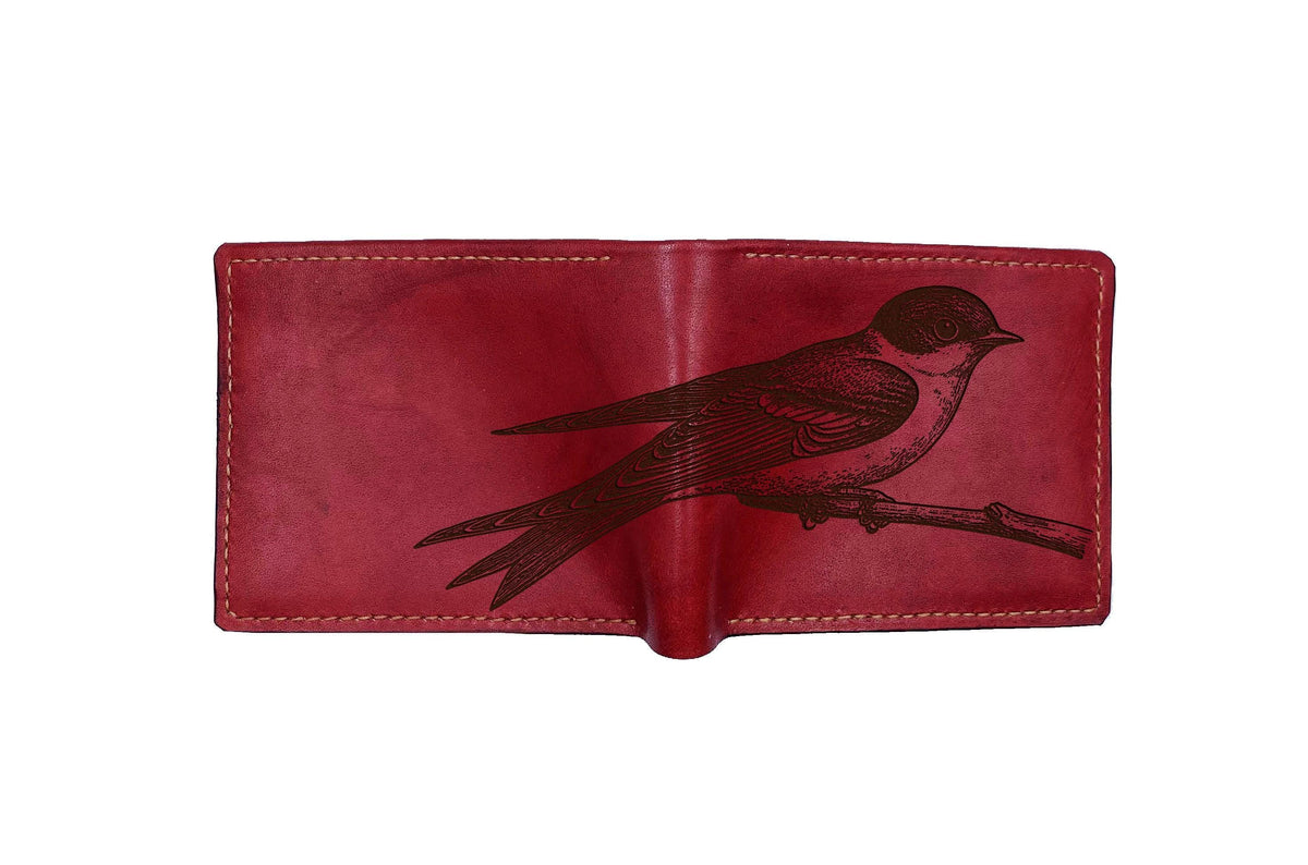 Cliff Swallow Engraved Leather Wallet, Handmade Bird Drawing Gift