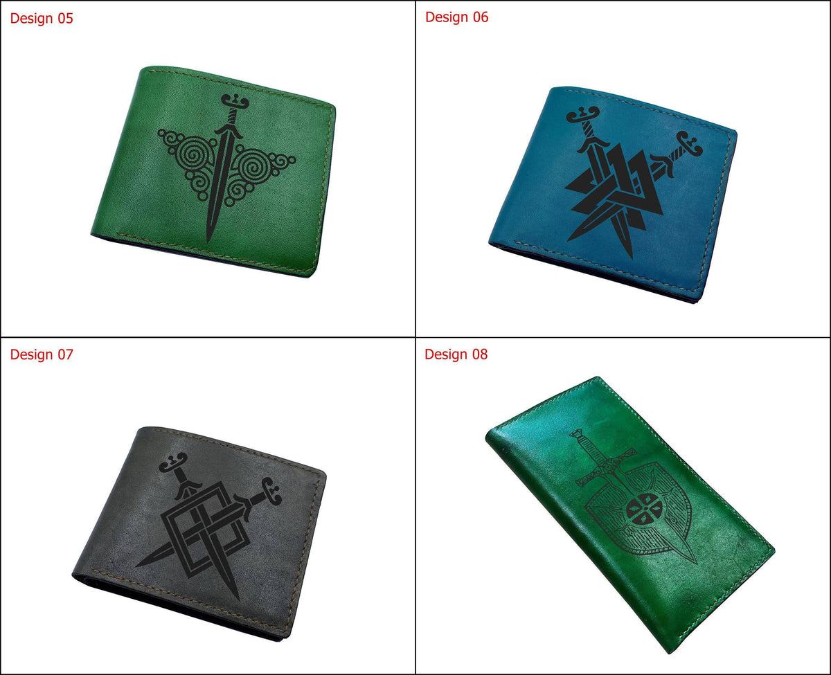 Custom Engraved Leather Wallet, Viking Sword & Shield Art, Personalized Gift for Him