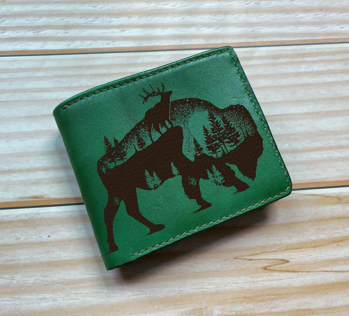Personalized Leather Bifold Wallet: Fox Drawing, Handmade, RFID Blocking