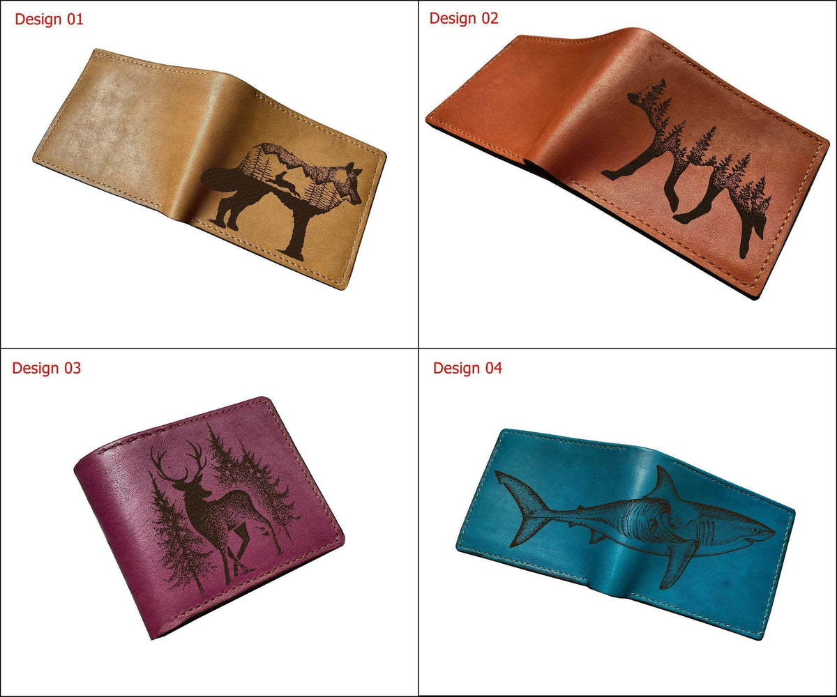 Personalized Leather Bifold Wallet: Fox Drawing, Handmade, RFID Blocking