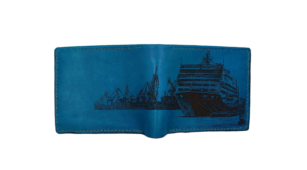 Engraved Leather Wallet, Harbor Ship Design, Personalized Gift for Dad