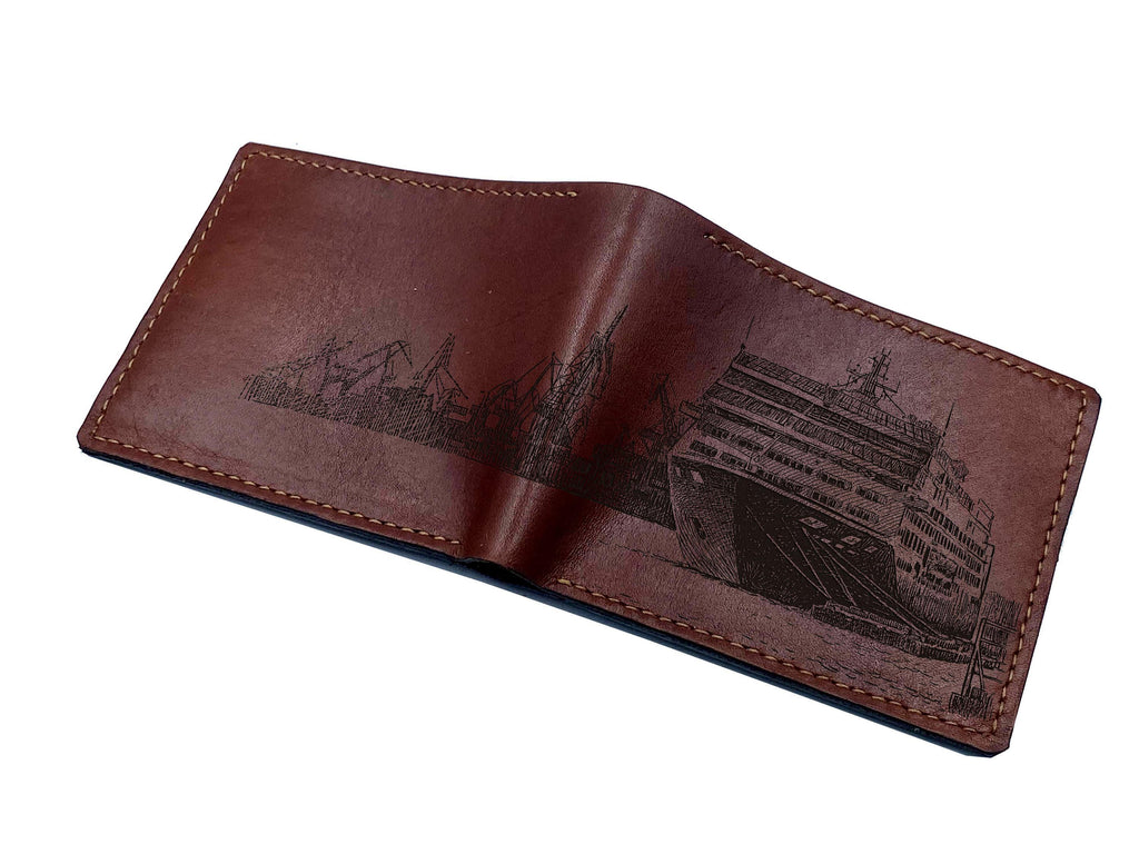 Engraved Leather Wallet, Harbor Ship Design, Personalized Gift for Dad