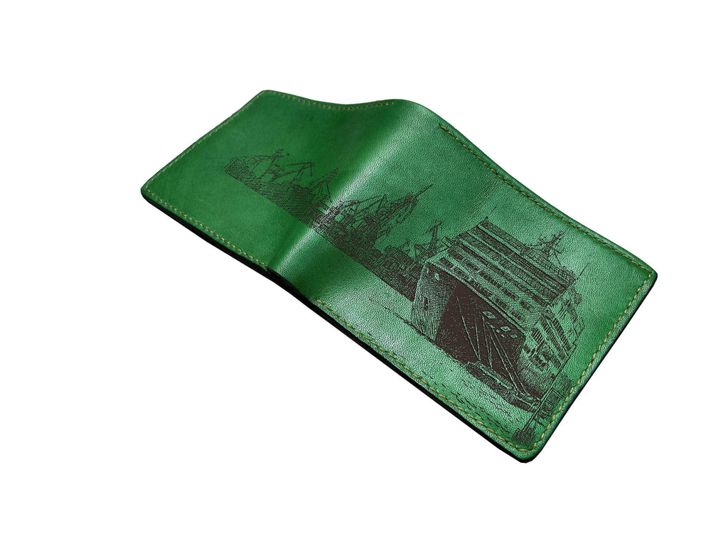 Engraved Leather Wallet, Harbor Ship Design, Personalized Gift for Dad