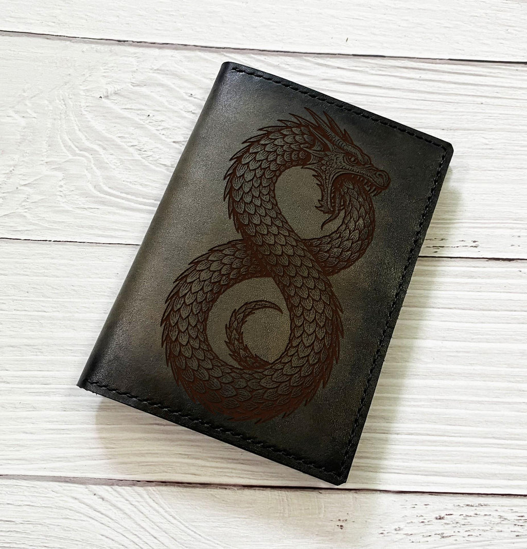 Ouroboros engrave genuine leather wallet, Snake Celtic travel case, Nordic Viking gift for him
