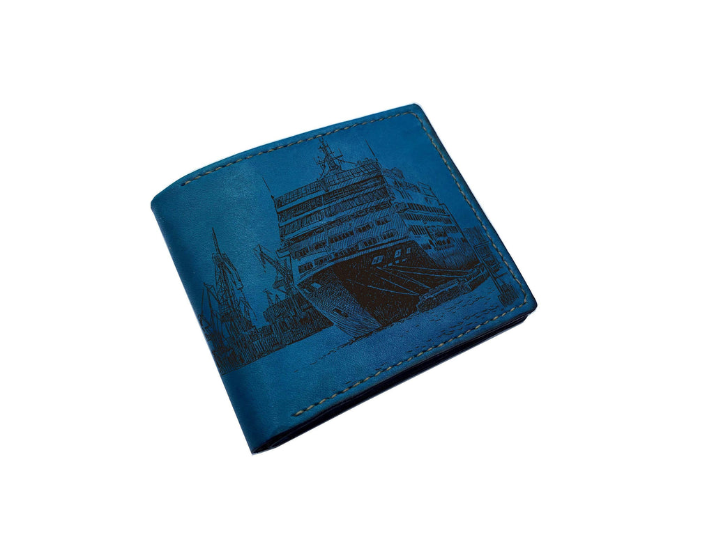 Engraved Leather Wallet, Harbor Ship Design, Personalized Gift for Dad