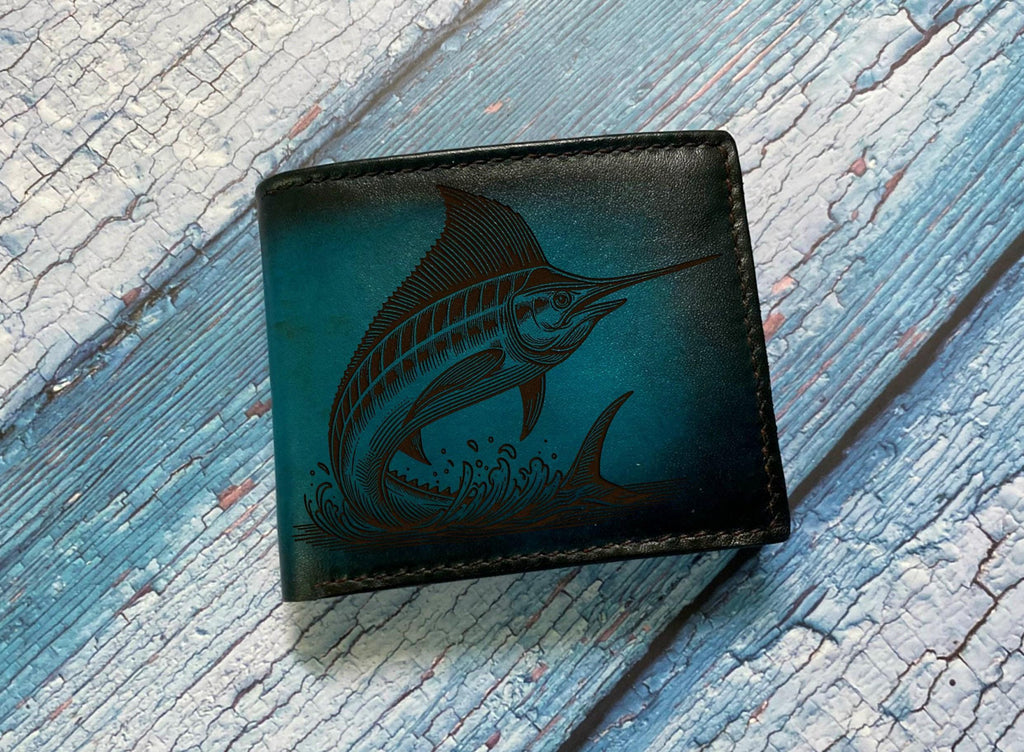 Engraved Swordfish Leather Wallet - Marlin Sailfish Design