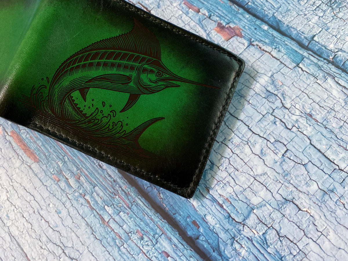 Engraved Swordfish Leather Wallet - Marlin Sailfish Design