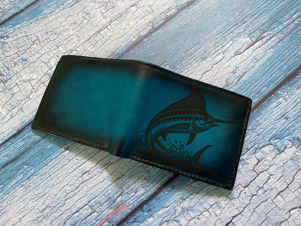 Engraved Swordfish Leather Wallet - Marlin Sailfish Design