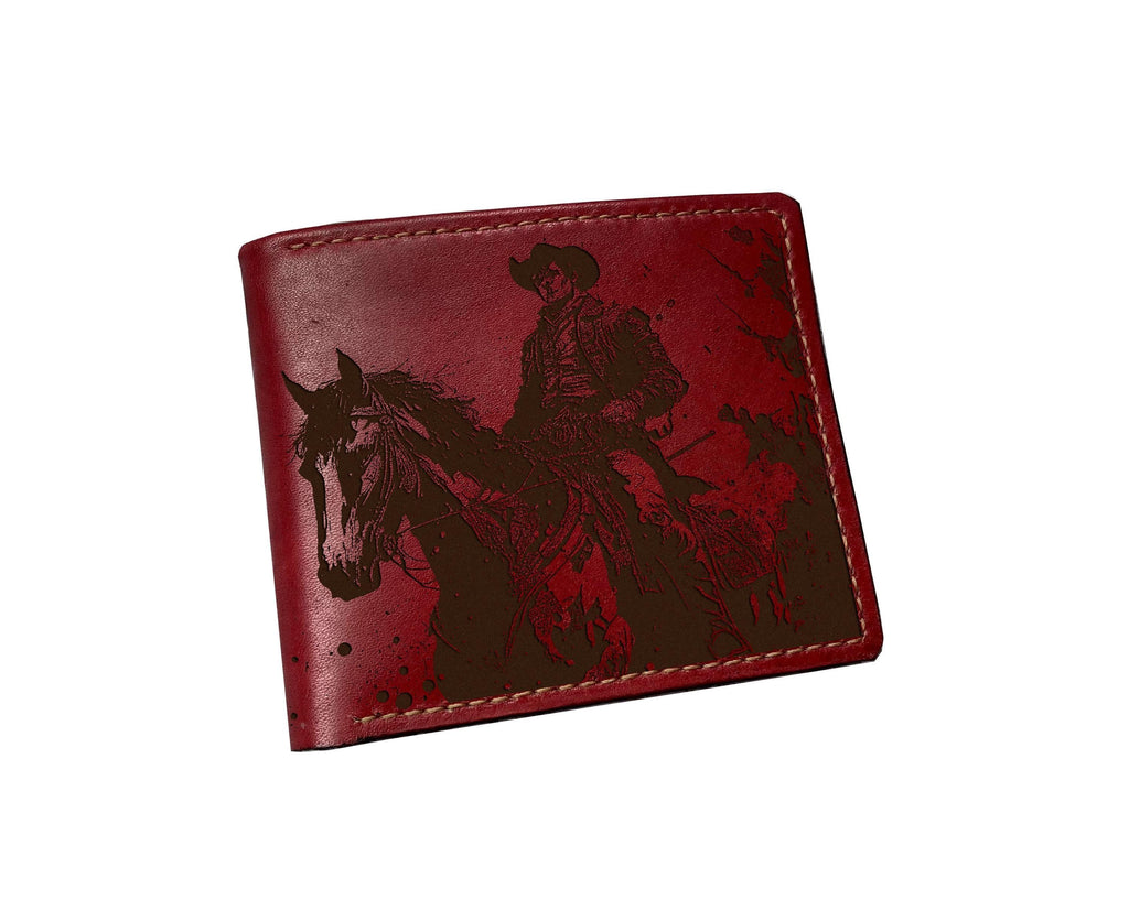 Engraved Cowboy Horse Leather Wallet - Handmade Western Style