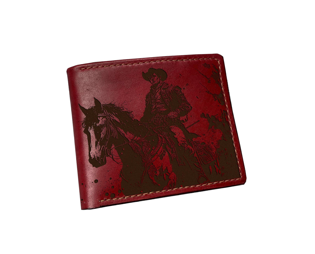 Engraved Cowboy Horse Leather Wallet - Handmade Western Style