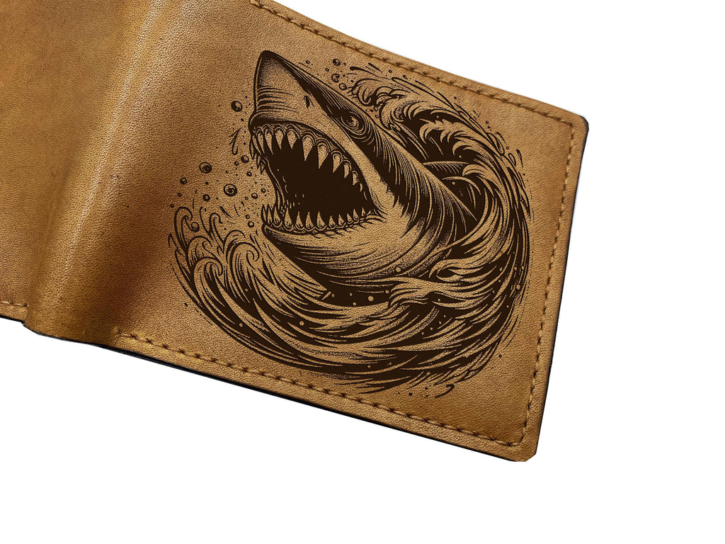 Engraved Shark Leather Wallet, Handmade Genuine Leather