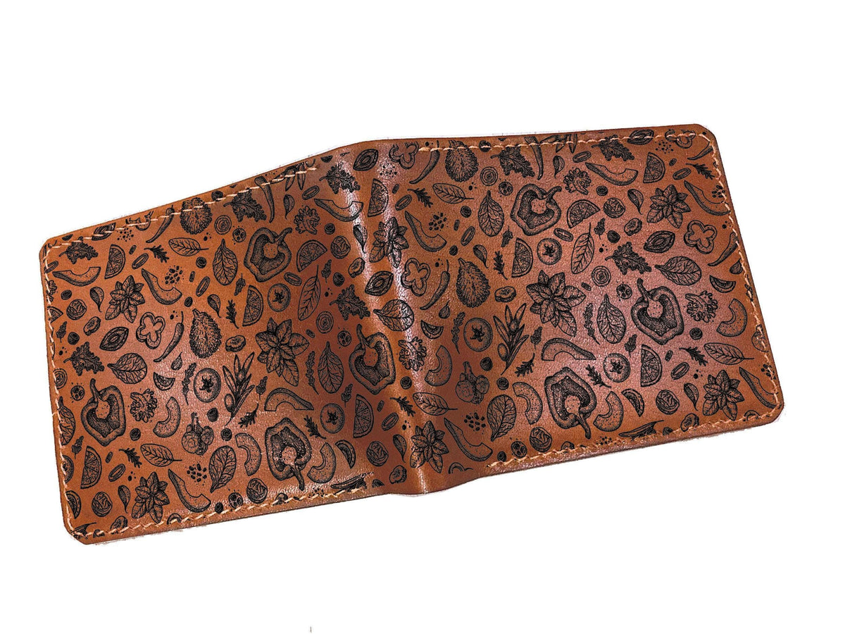 Cooking Pattern Leather Wallet: Handmade Veg-Tan Gift