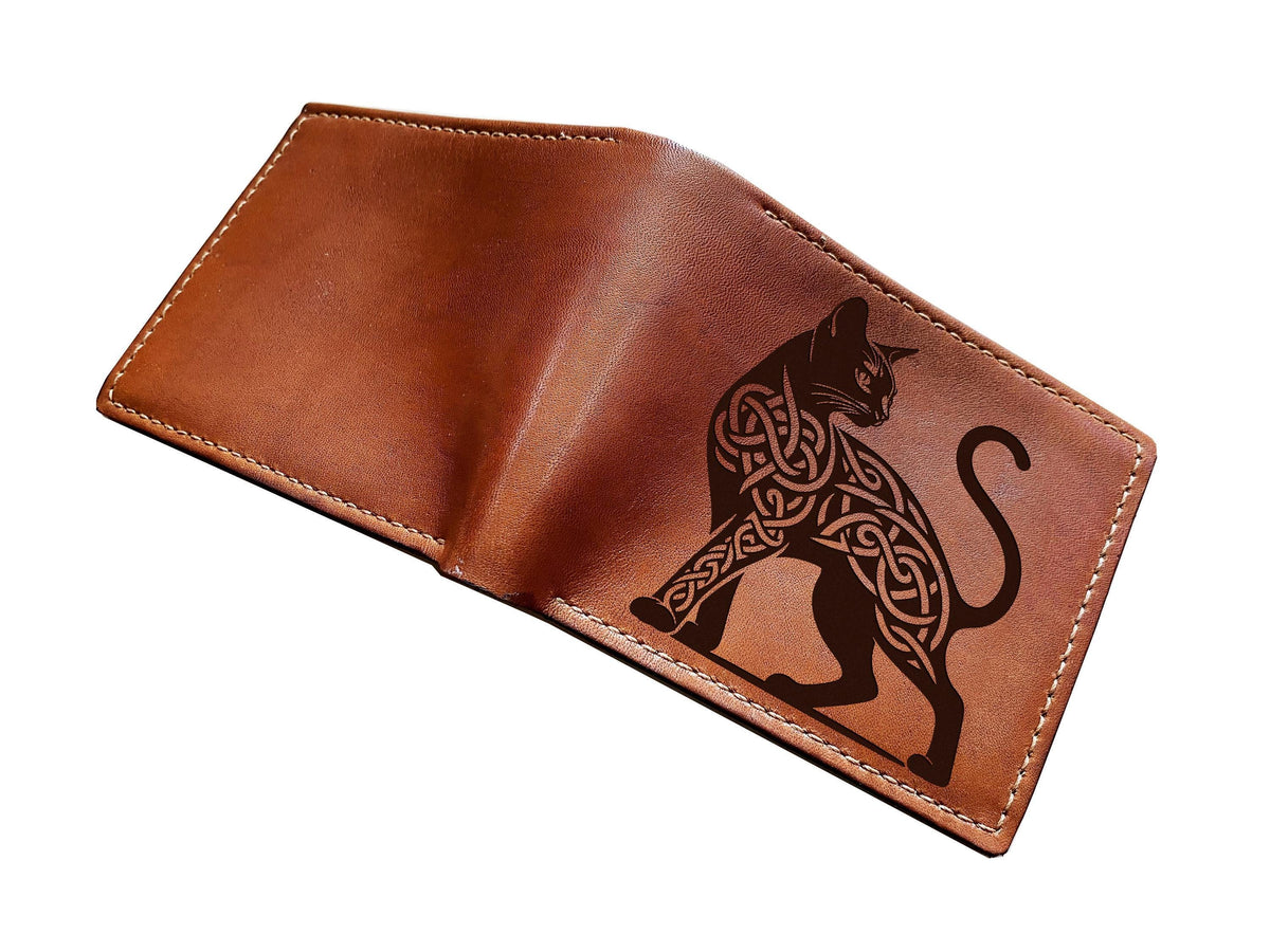 Celtic Cat Leather Wallet, Custom Engraved Bifold, Handmade